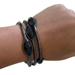 Set of 3 Gray Metallic Black Crystal Bangle Bracelets